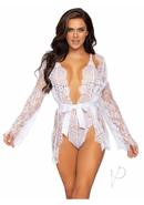 Leg Avenue Floral Lace Teddy With Adjustable Straps And Cheeky Thong Back Matching Lace Robe With Scalloped Trim And Satin Tie - Large - White