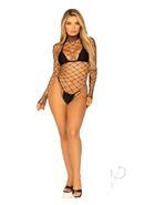 Leg Avenue High Neck Fence Net Long Sleeved Bodysuit With Snap Crotch Thong Panty - O/s - Black